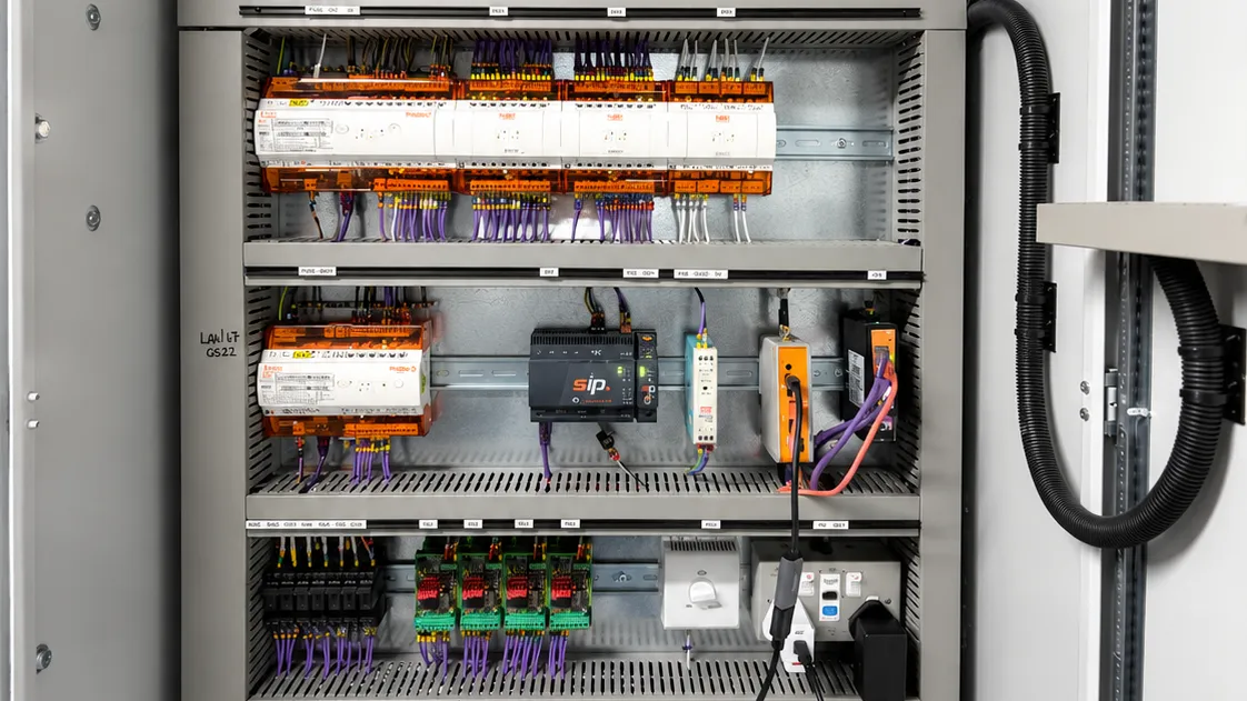 The appliance installed on a DIN rail beside existing controllers